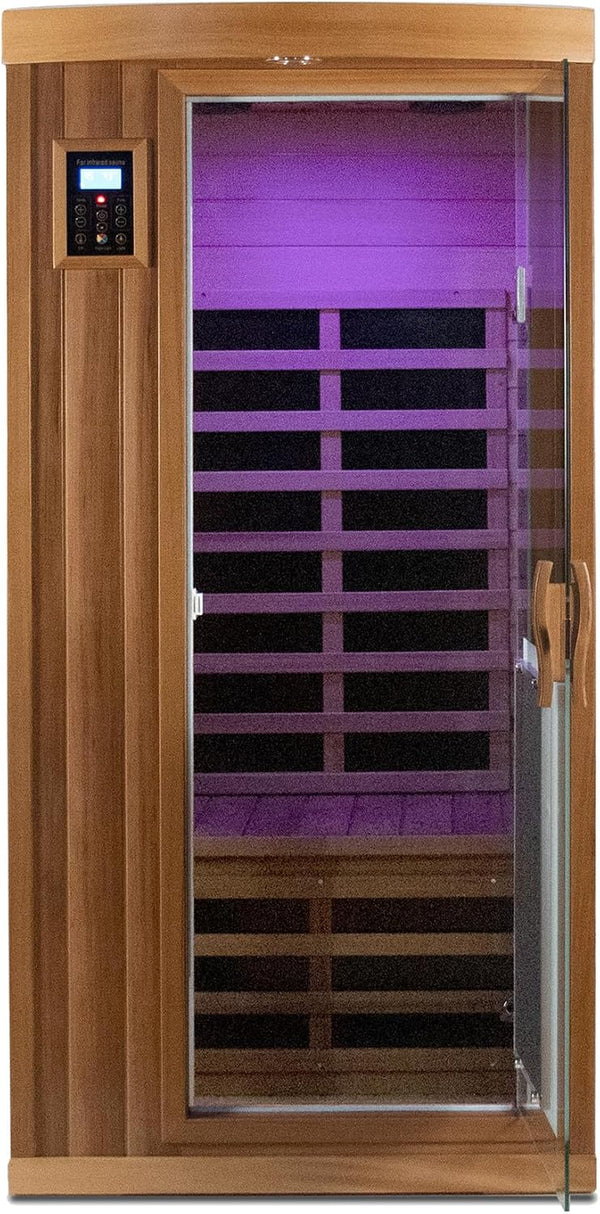 1 Person Infrared Sauna for Home 0-5Mg Utra Low EMF Far Infrared Sauna 1450W Red Cedar Wooden Sauna Indoor Sauna with Front Door Heating Plate, Chromotherapy Light