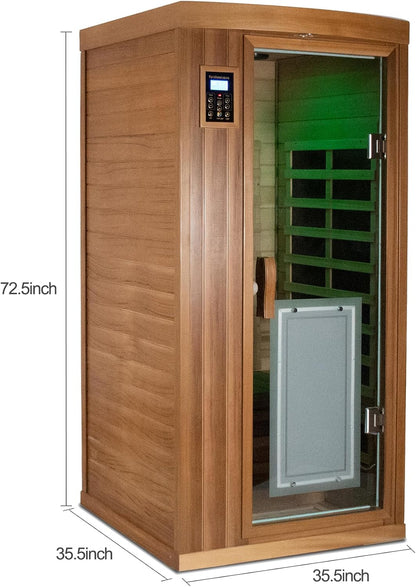 1 Person Infrared Sauna for Home 0-5Mg Utra Low EMF Far Infrared Sauna 1450W Red Cedar Wooden Sauna Indoor Sauna with Front Door Heating Plate, Chromotherapy Light