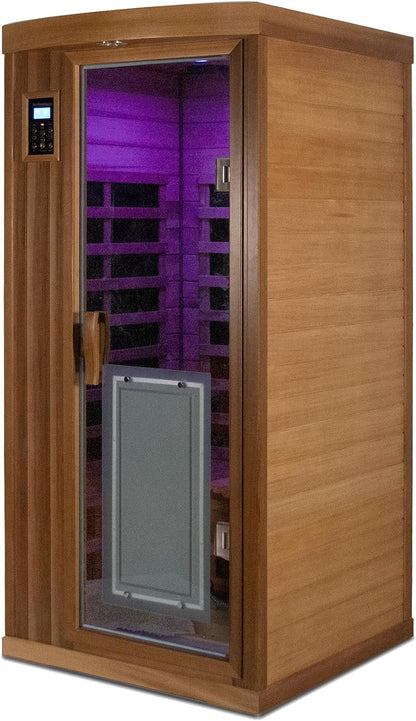 1 Person Infrared Sauna for Home 0-5Mg Utra Low EMF Far Infrared Sauna 1450W Red Cedar Wooden Sauna Indoor Sauna with Front Door Heating Plate, Chromotherapy Light