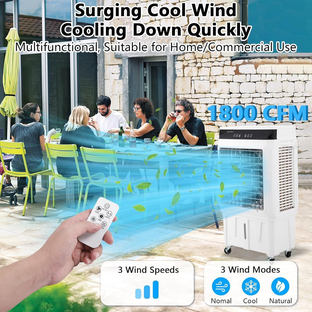 Evaporative Air Cooler, 1800 CFM Swamp Cooler with Remote Control, 8.4 Gallon Large Water Tank, 3 Speed Cooling Fan, 4 Ice Packs, Portable Air Conditioner for Room Garage Commercial