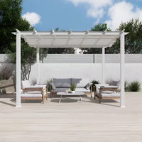 Aluminum Pergola Built for Weather Resistance, 11x11 ft Square Frame, Retractable Soft Top Canopy, Wood Grain
