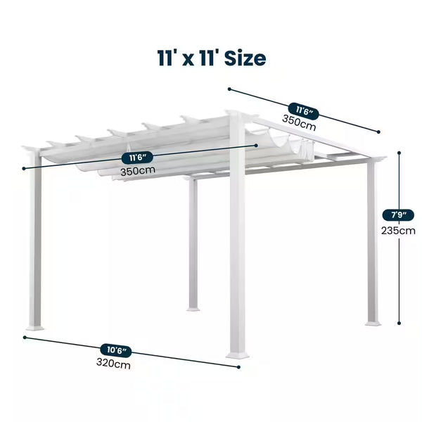 Aluminum Pergola Built for Weather Resistance, 11x11 ft Square Frame, Retractable Soft Top Canopy, Wood Grain