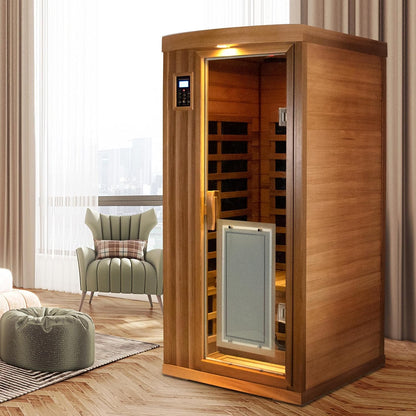 1 Person Infrared Sauna for Home 0-5Mg Utra Low EMF Far Infrared Sauna 1450W Red Cedar Wooden Sauna Indoor Sauna with Front Door Heating Plate, Chromotherapy Light