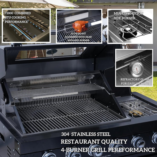 Outdoor Kitchen Island Built for Complete Backyard Cooking, 4-Burner 72000 BTU Gas Grill, 98 Inch Modular