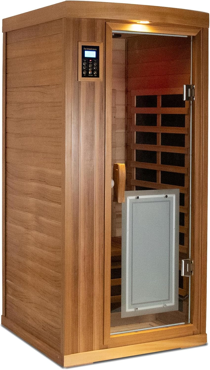 1 Person Infrared Sauna for Home 0-5Mg Utra Low EMF Far Infrared Sauna 1450W Red Cedar Wooden Sauna Indoor Sauna with Front Door Heating Plate, Chromotherapy Light