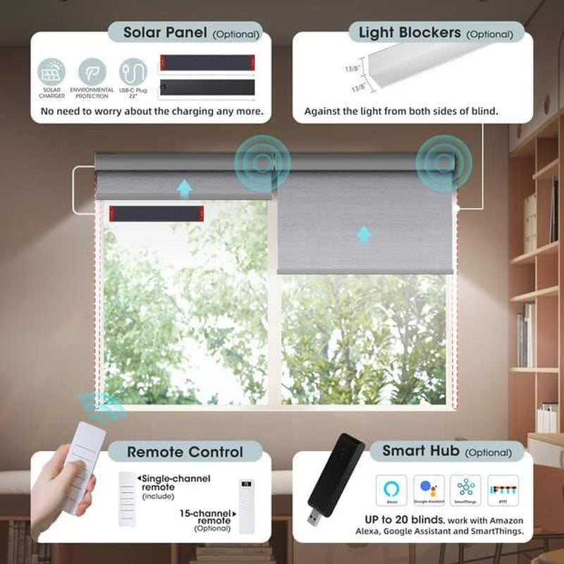 Motorized Blinds with Remote:  Battery Powered Control Electric Smart Roller Blinds Shades with Remote for Windows Cordless 100% Blackout, Grey, 46" W X 72" H