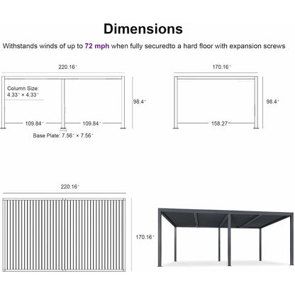 Gray Louvered Pergola Outdoor Aluminum Pergola with Adjustable Roof for Patio Gray Hardtop Gazebo
